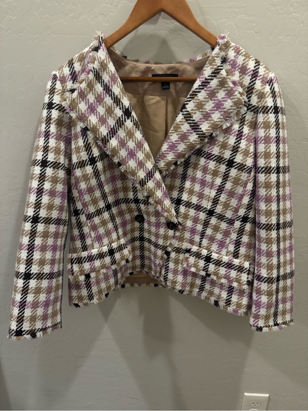 Ann Taylor Houndstooth Fringe Tweed Cutaway Jacket Purple Brown Size 10